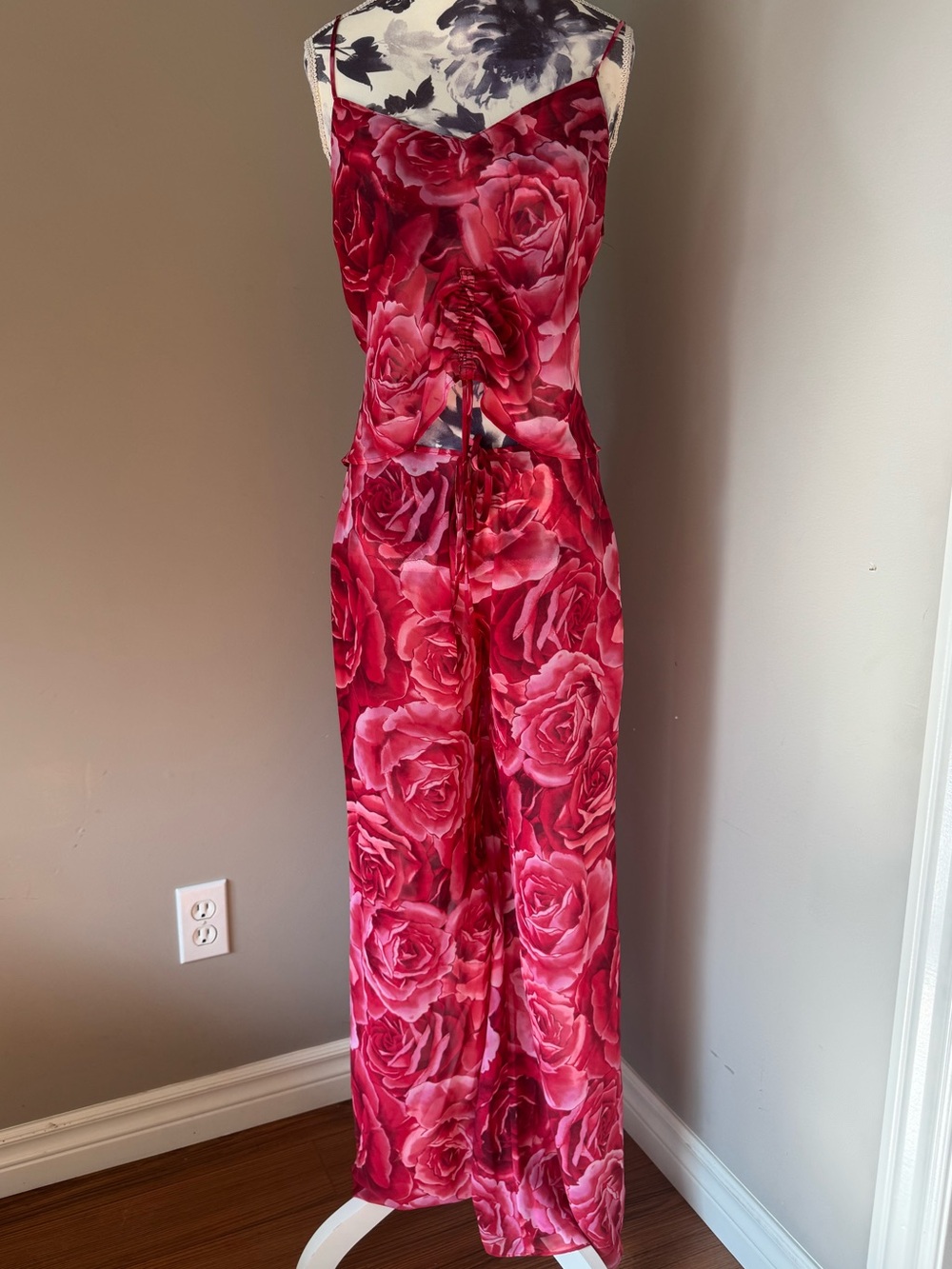 Y2K La SENZA Sheer Red Rose Print Set